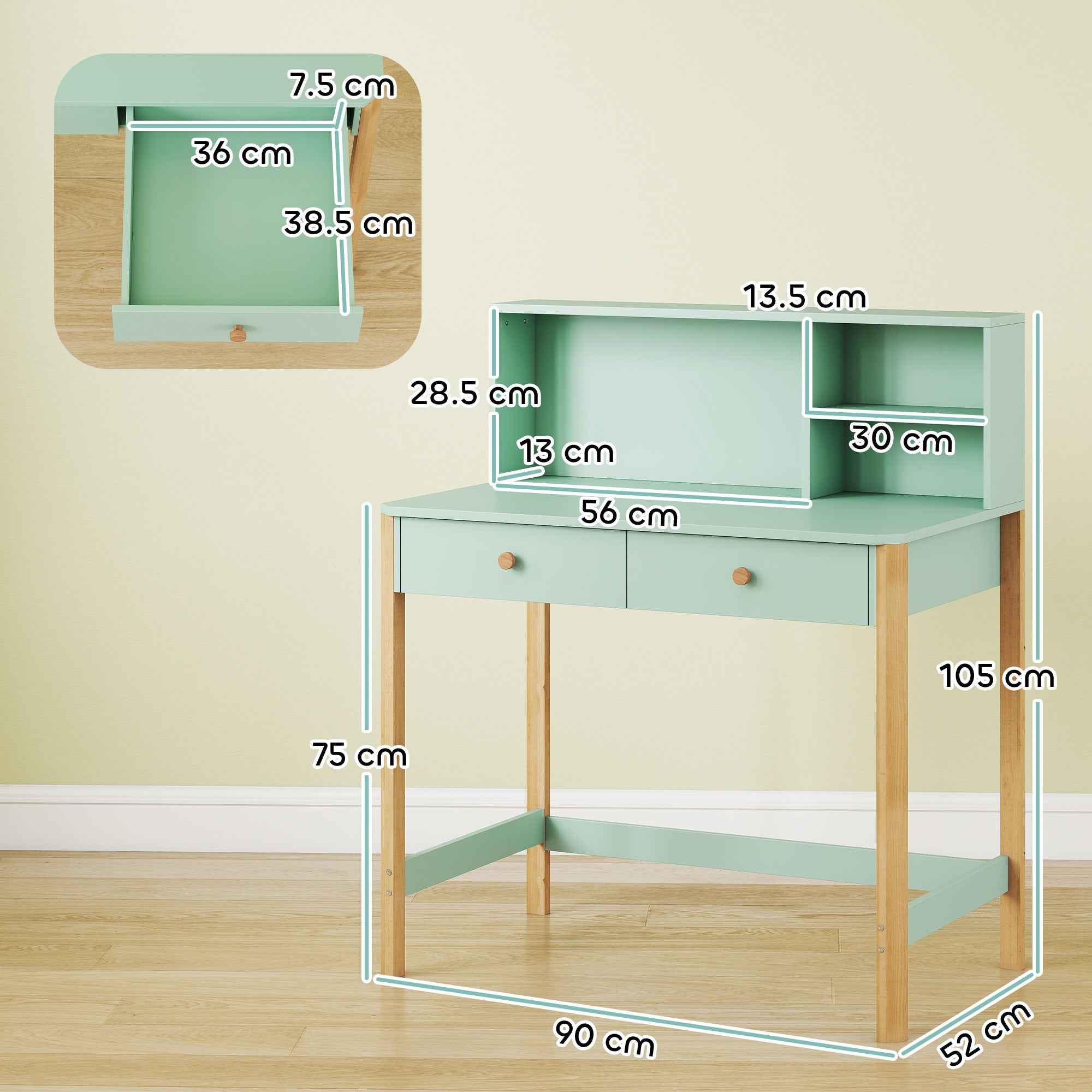 Children's Desk for Ages 5-12 with 3 Shelves and 2 Drawers, Wooden, 90x52x105 cm, Green