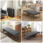 Folding Bed on 5 Levels with Mattress and 4 Casters, in Metal and Linen Effect Fabric, 180x70x38 cm, Gray