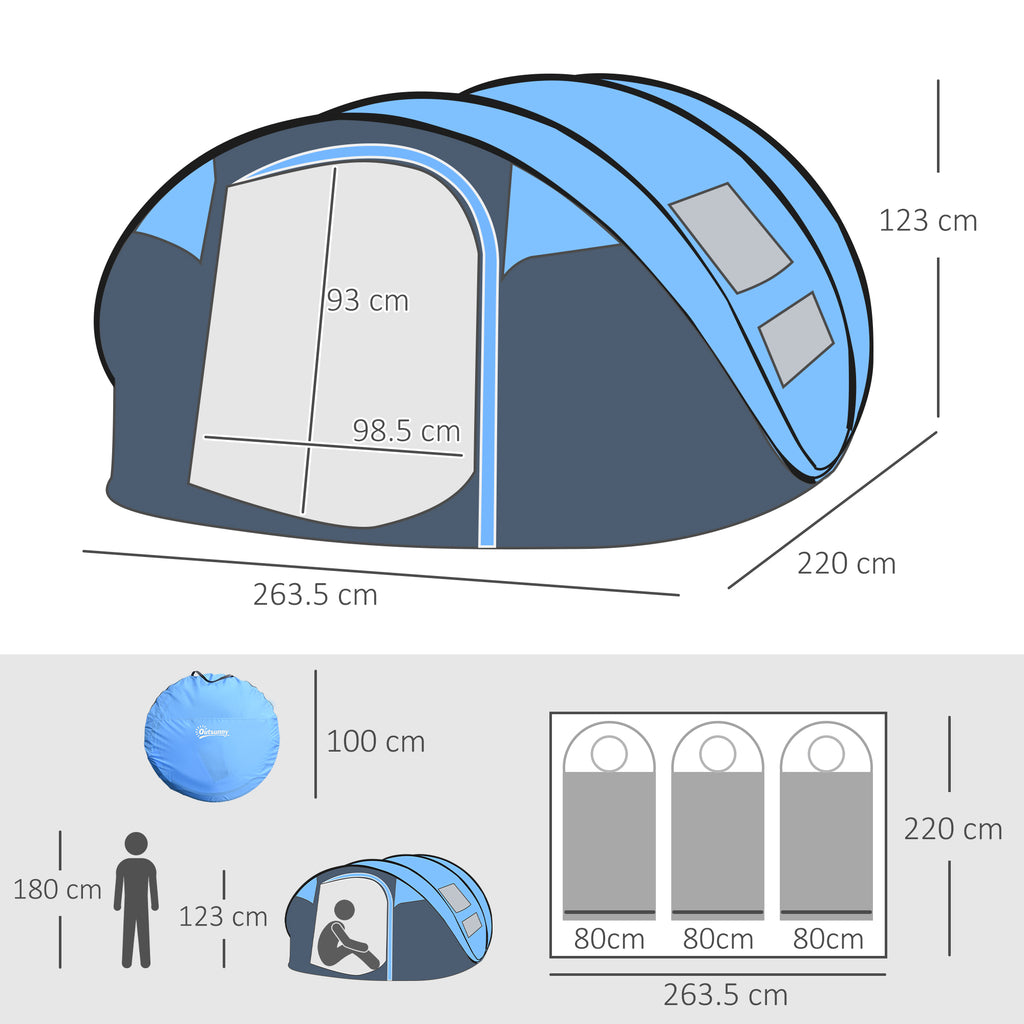 Outsunny 2-Person Pop-Up Camping Tent with 2 Doors, 4 Windows and Waterproof Tarp, 263.5x220x123 cm, Blue