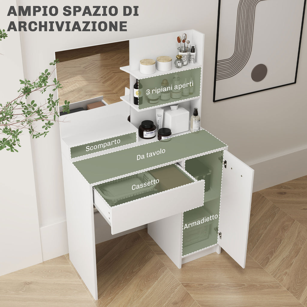 Dressing Table with Mirror and Stool, Drawer, Cabinet and Wooden Shelves, White