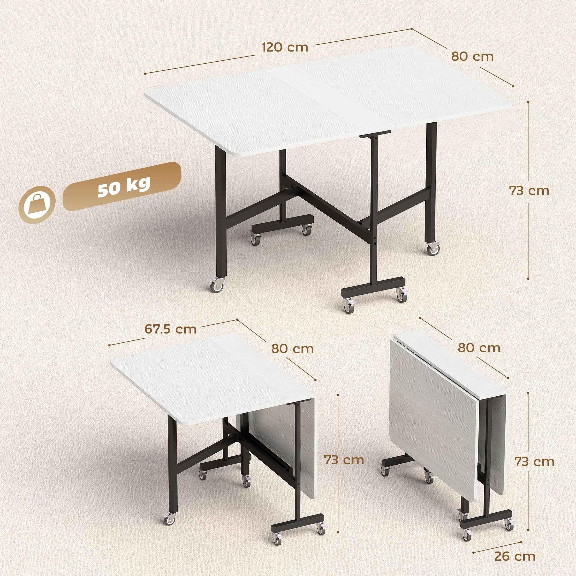 HOMCOM Folding Table for 4-6 People with 2 Flaps and Wheels with Brakes, 120x80x73 cm, White Wood