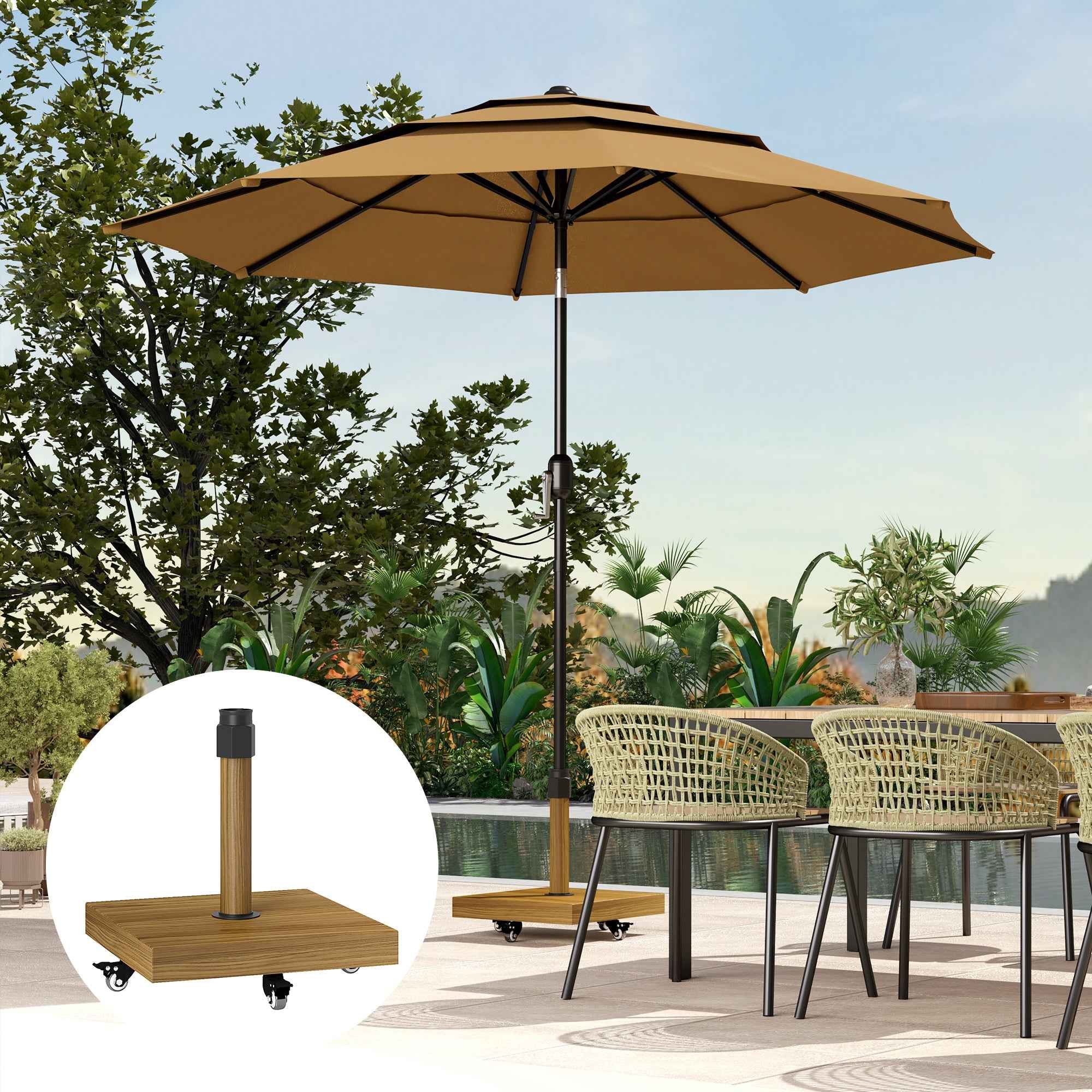 Outsunny Wheeled Umbrella Base with Brakes for Ø36/38/48 mm Poles, in Metal with Cement, Wood Effect