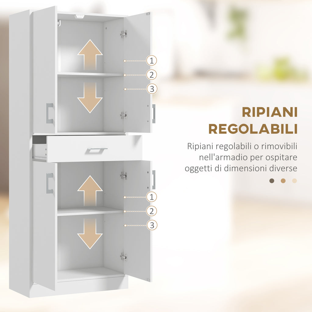 Tall Kitchen Sideboard with 2 Cabinets and a Central Drawer, Adjustable Shelves and 4 Doors in Total, White
