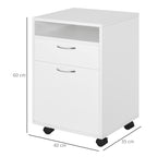 4-Wheel Office File Cabinet with Open Shelf and 2 Drawers, Wood and Metal Office Storage Unit, 40x35x60 cm, White