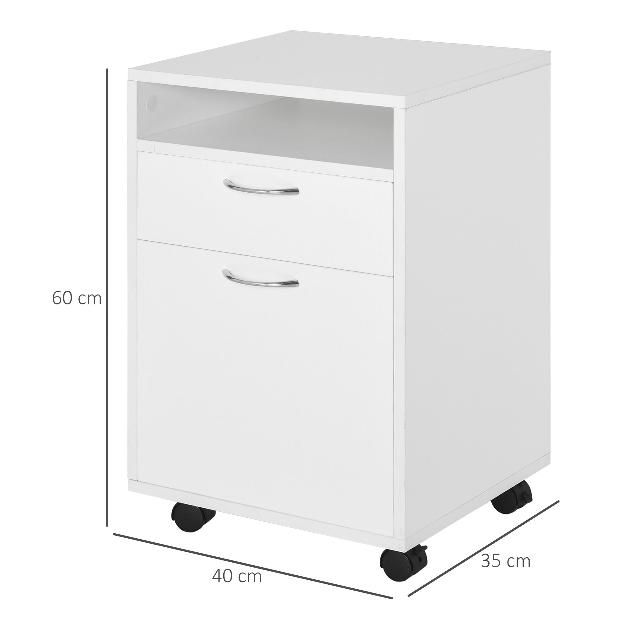 4-Wheel Office File Cabinet with Open Shelf and 2 Drawers, Wood and Metal Office Storage Unit, 40x35x60 cm, White