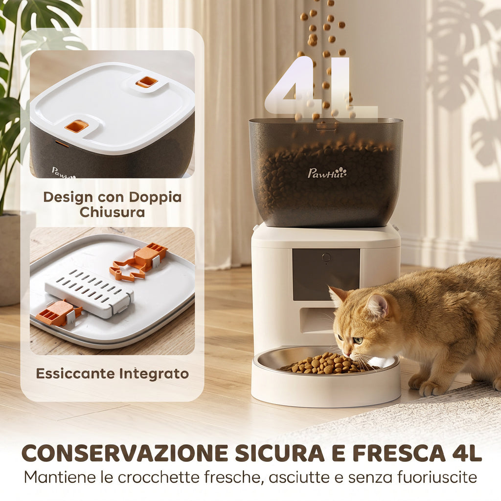 PawHut 4L Automatic Cat Food Dispenser, WiFi 2.4G, App Control with 10s Recording, Bowl, White
