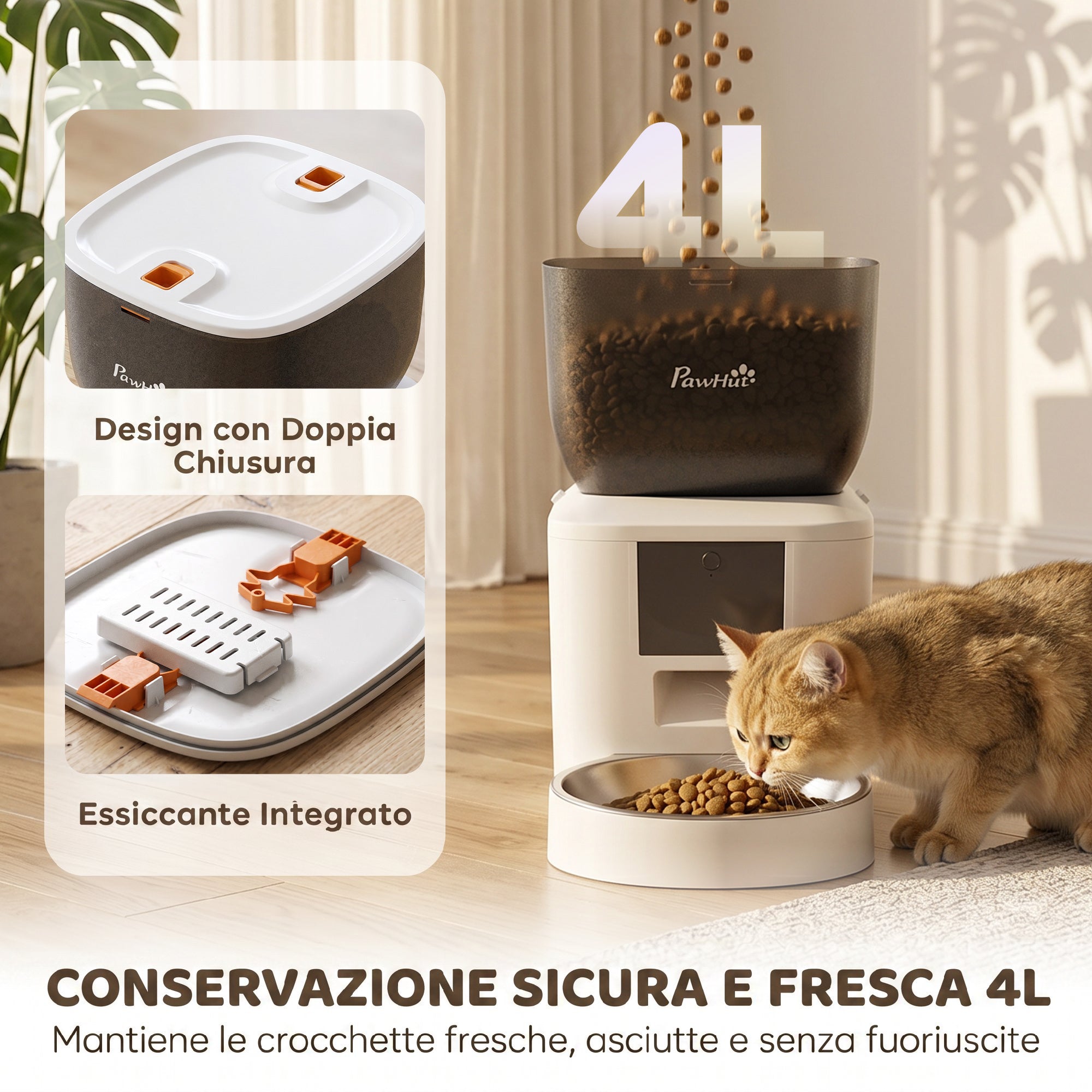 PawHut 4L Automatic Cat Food Dispenser, WiFi 2.4G, App Control with 10s Recording, Bowl, White