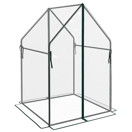 Outsunny Mini Garden Greenhouse with 2 Roll-Up Doors and PE Cover 90x90x145cm, Transparent - Borgè