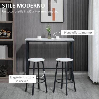 MARLI - 3 Piece Set with Rectangular Table and 2 Bar Stools in Chipboard, MDF and Steel, White and Black