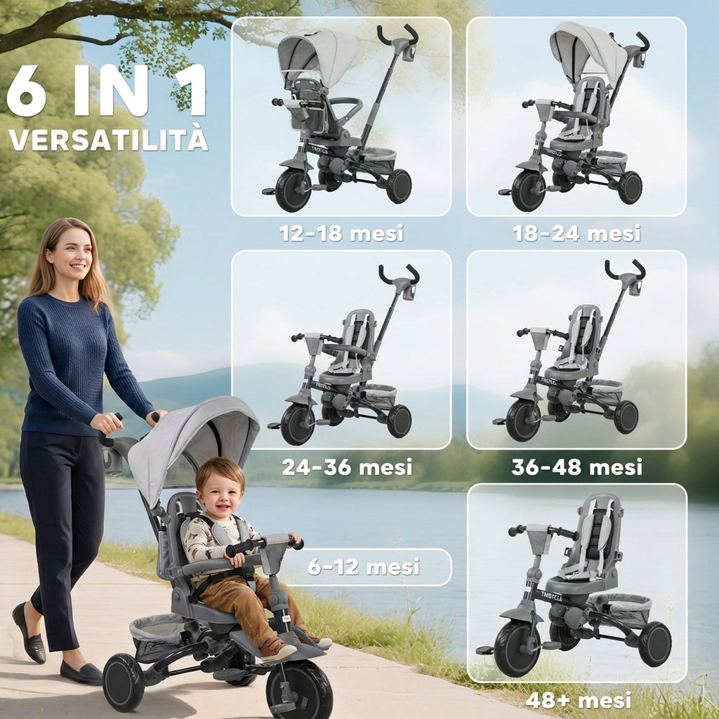 AIYAPLAY 6-in-1 Children's Tricycle with Push Handle and Swivel Seat, 111.5x52x98 cm, Grey
