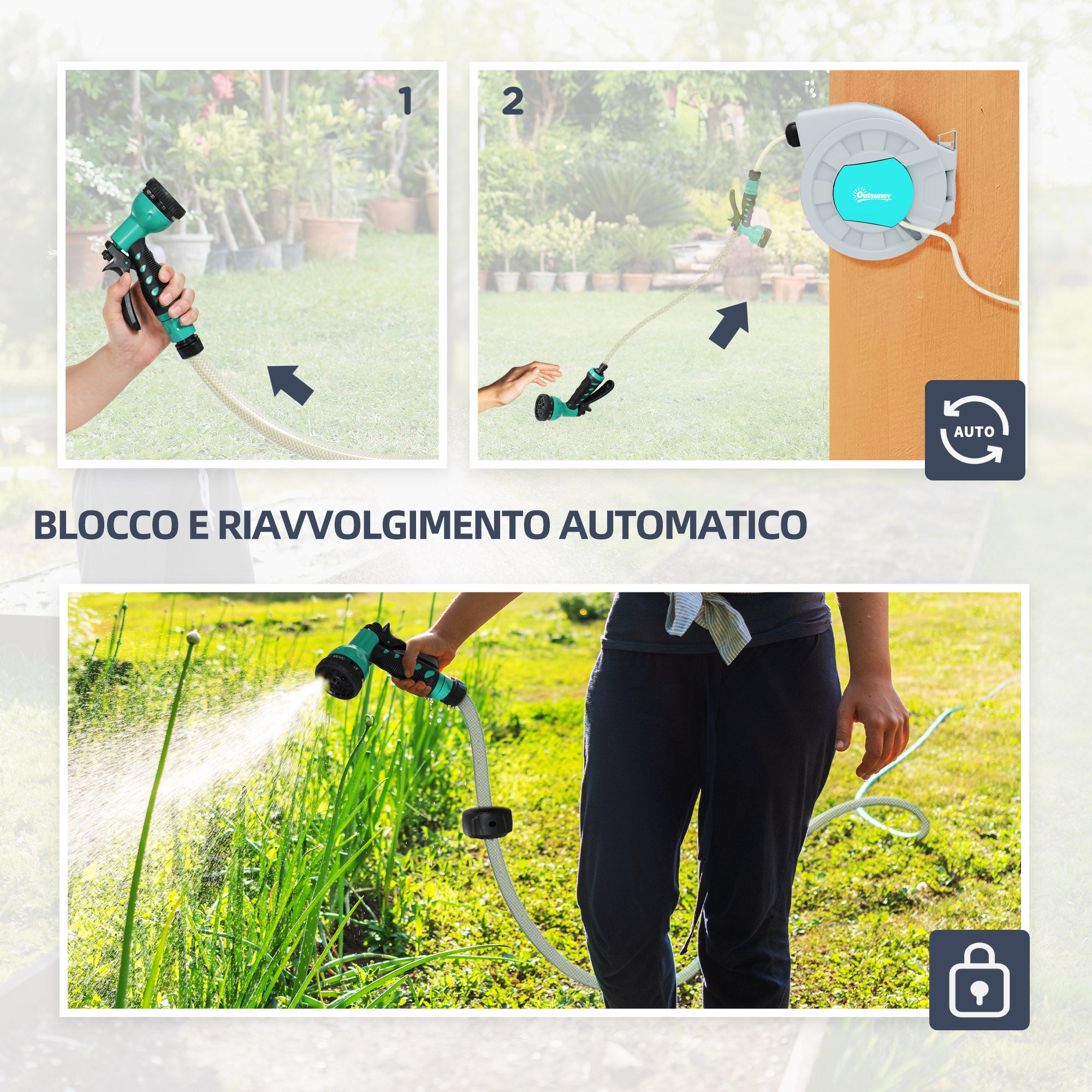 Automatic Wall Mounted and Portable Hose Reel Length 25+2 m, Locking System and 7 Jets, Grey