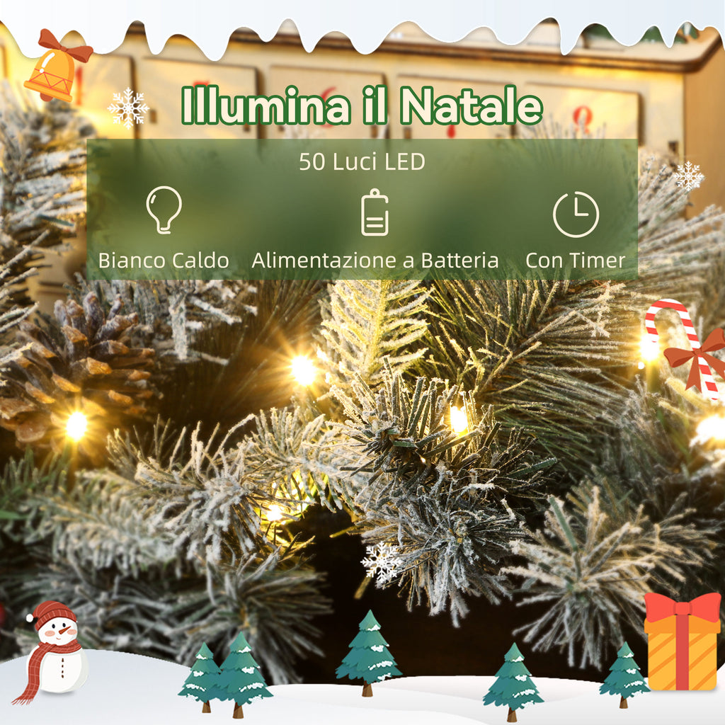 Christmas Garland Ø25x180 cm with 50 LED Lights, Berries and Pine Cones, in Plastic and Metal, Green and White