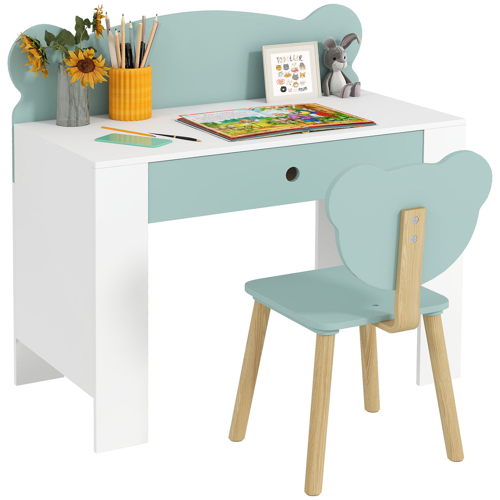 Children's Desk Set with Drawer and Chair with Bear Backrest, Ages 3-8 Years, Green
