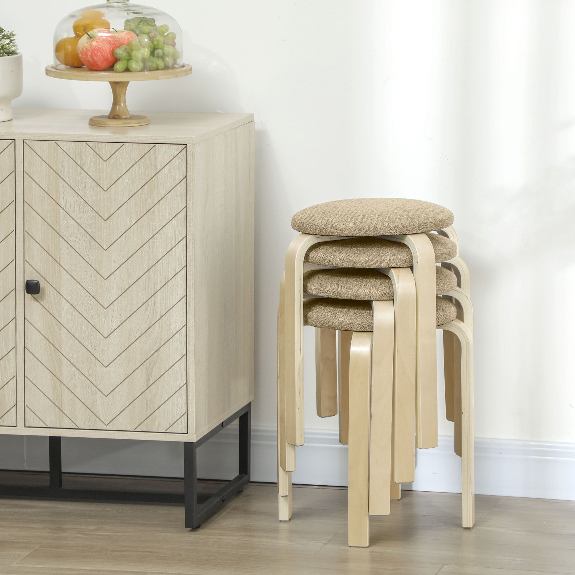 Set of 4 Stackable and Padded Stools with Fabric Upholstery and Wooden Legs, Khaki