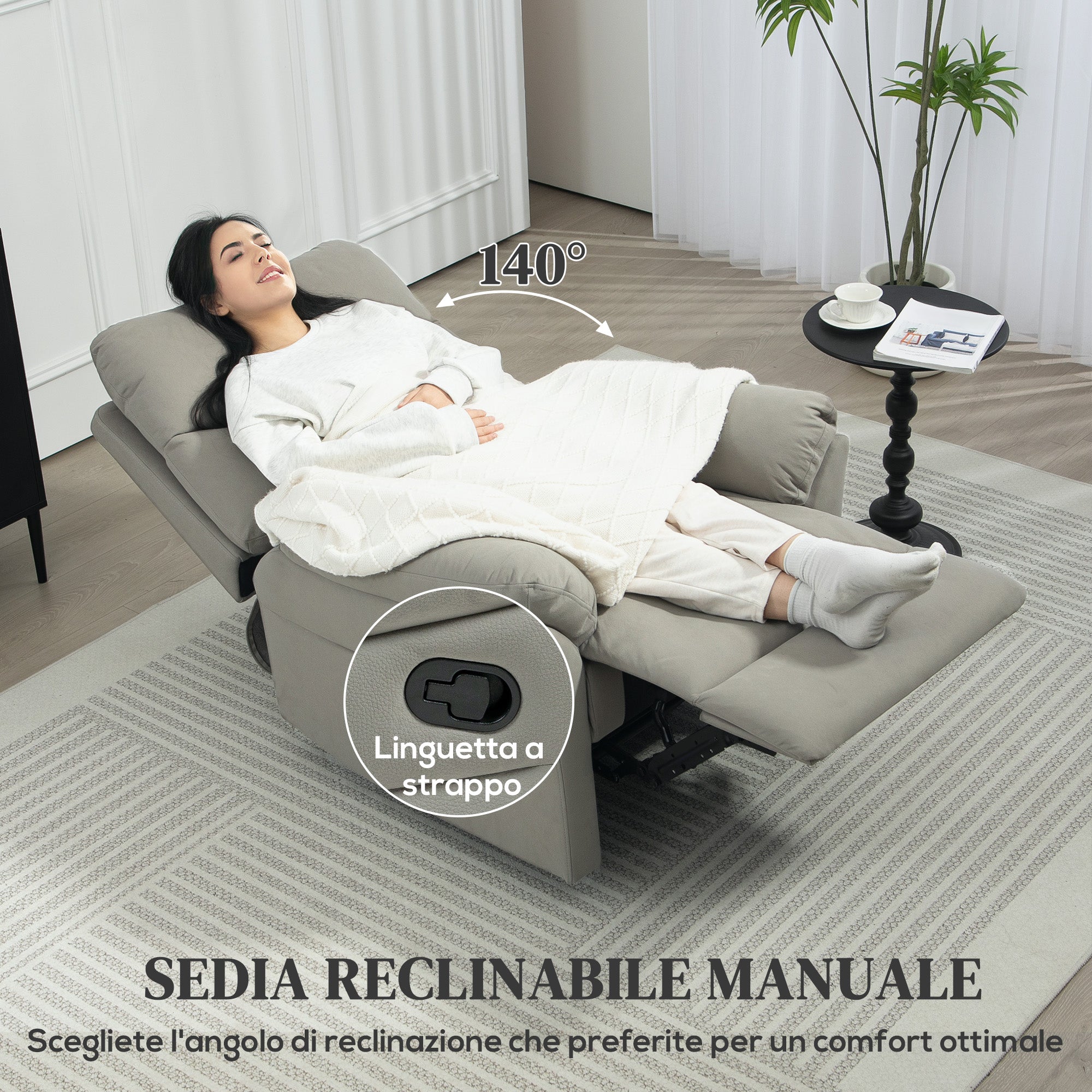 140° Reclining Chair with Footrest, in Microfiber, Foam and Metal, 84x91x102 cm, Grey