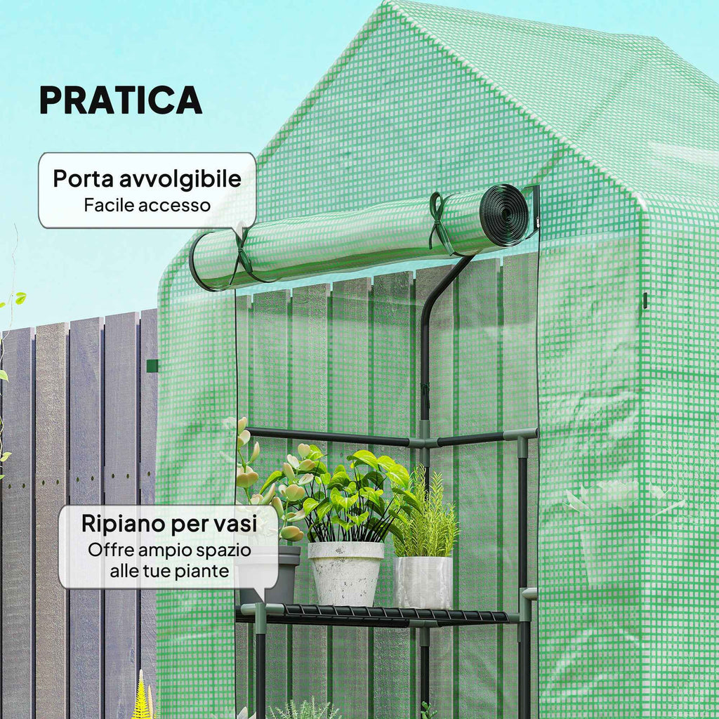 Outsunny Garden Greenhouse with 2 Shelves, 3 Levels, and Zip Entrance, Steel and PE, 142x73x195 cm, Green