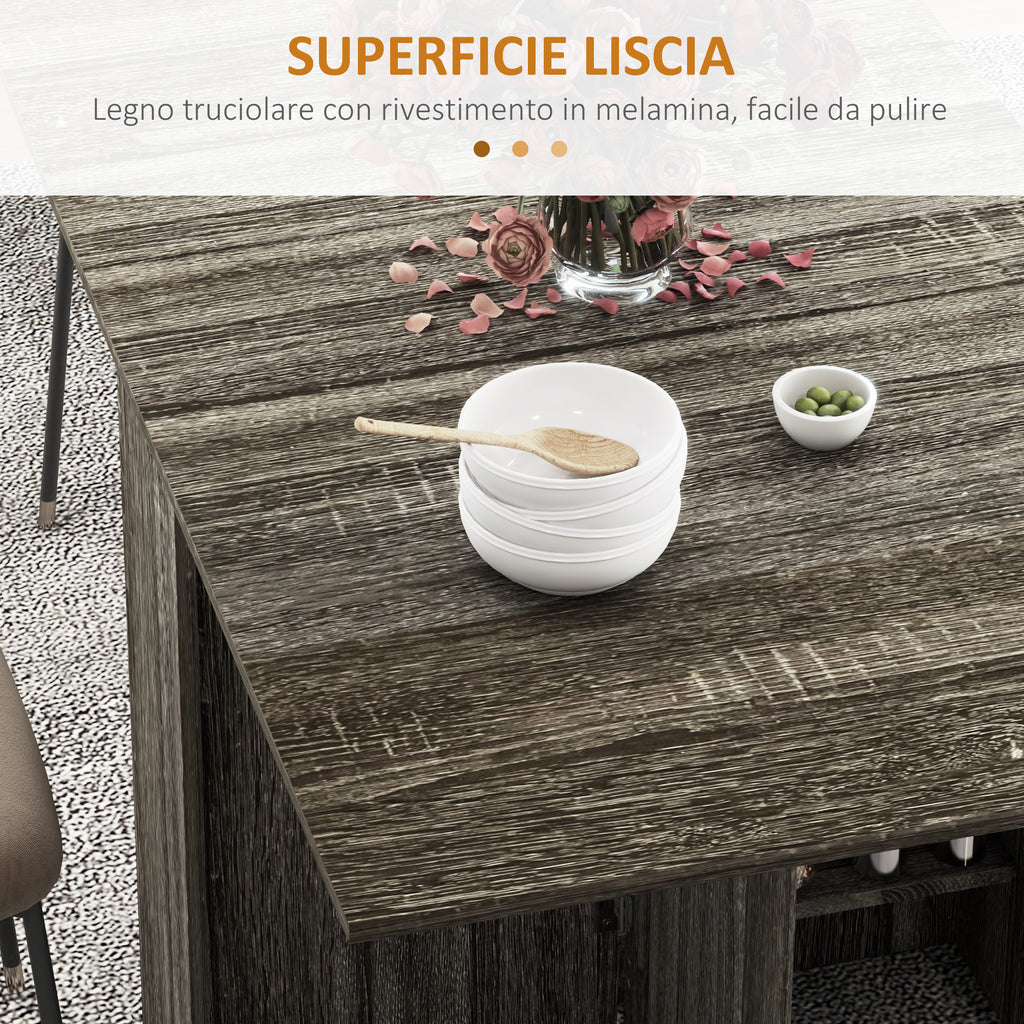 Drop-Leaf Table with 2 Lower Shelves for 6 People Max, Wooden 140x75x74 cm, Grey