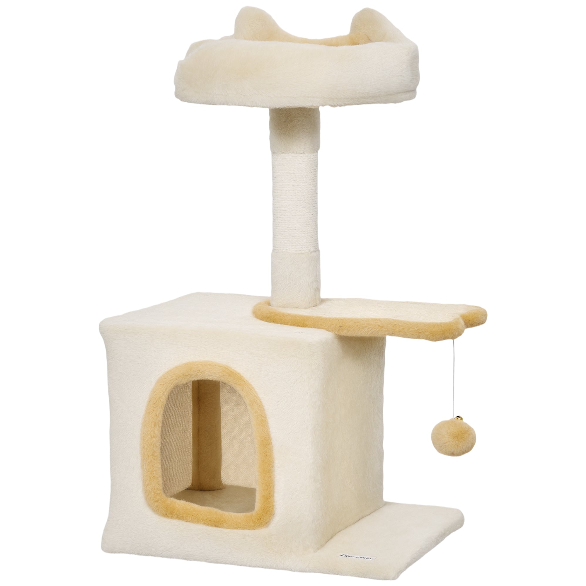 Cat Scratching Tree with Perch and House, Made of Wood, Plush and Sisal, 40x30x72 cm, Beige and Yellow