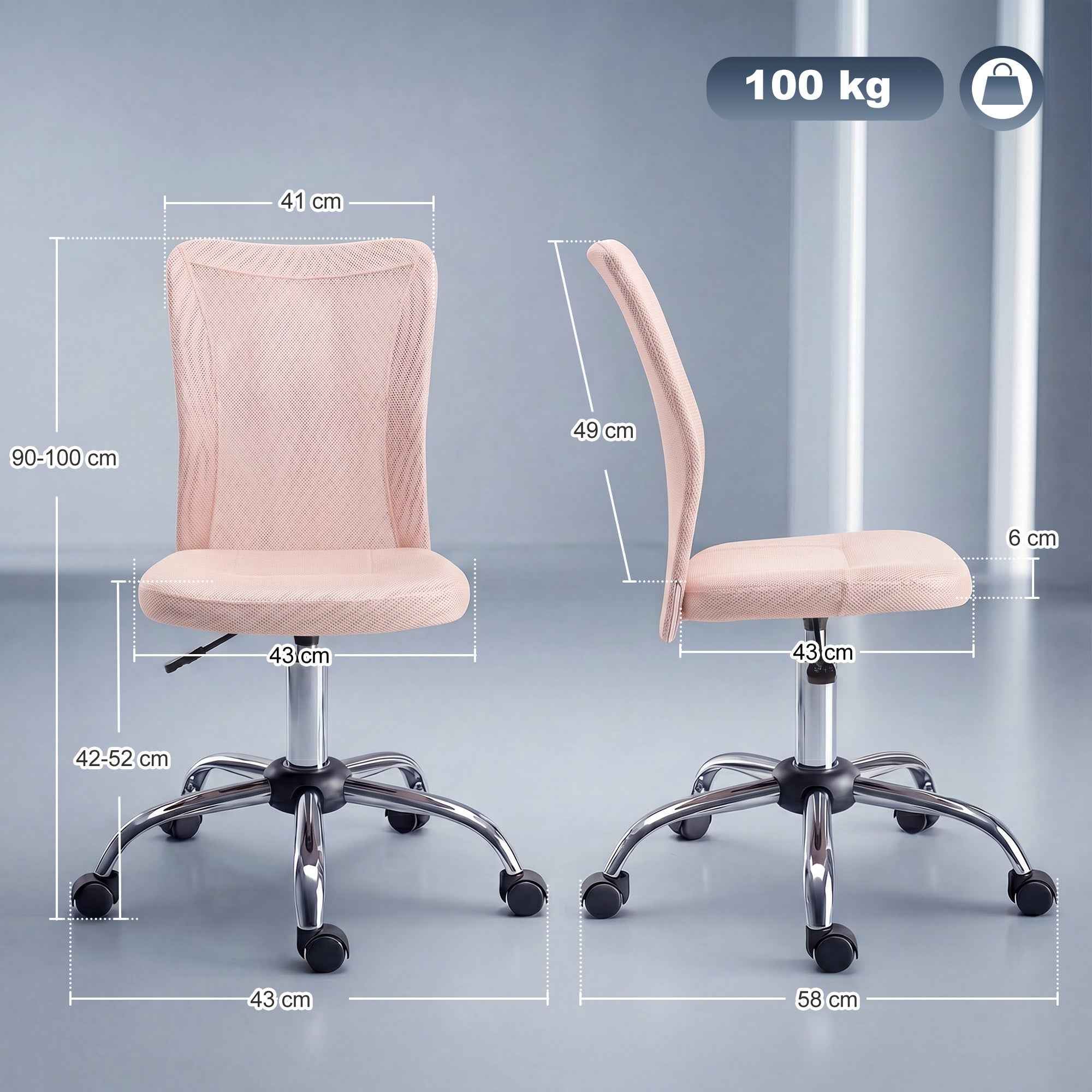Vinsetto Ergonomic Swivel Office Chair Without Armrests, Breathable Mesh Fabric, Adjustable Height, Pink