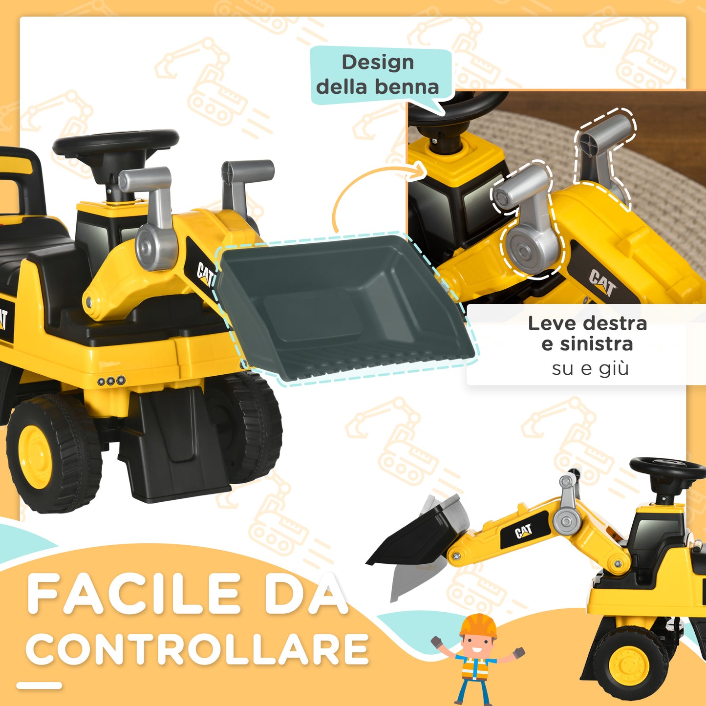 Bulldozer Toy for Children 18 and 36 Months with Excavator and Storage Space, 78x29.5x54 cm, Yellow and Black