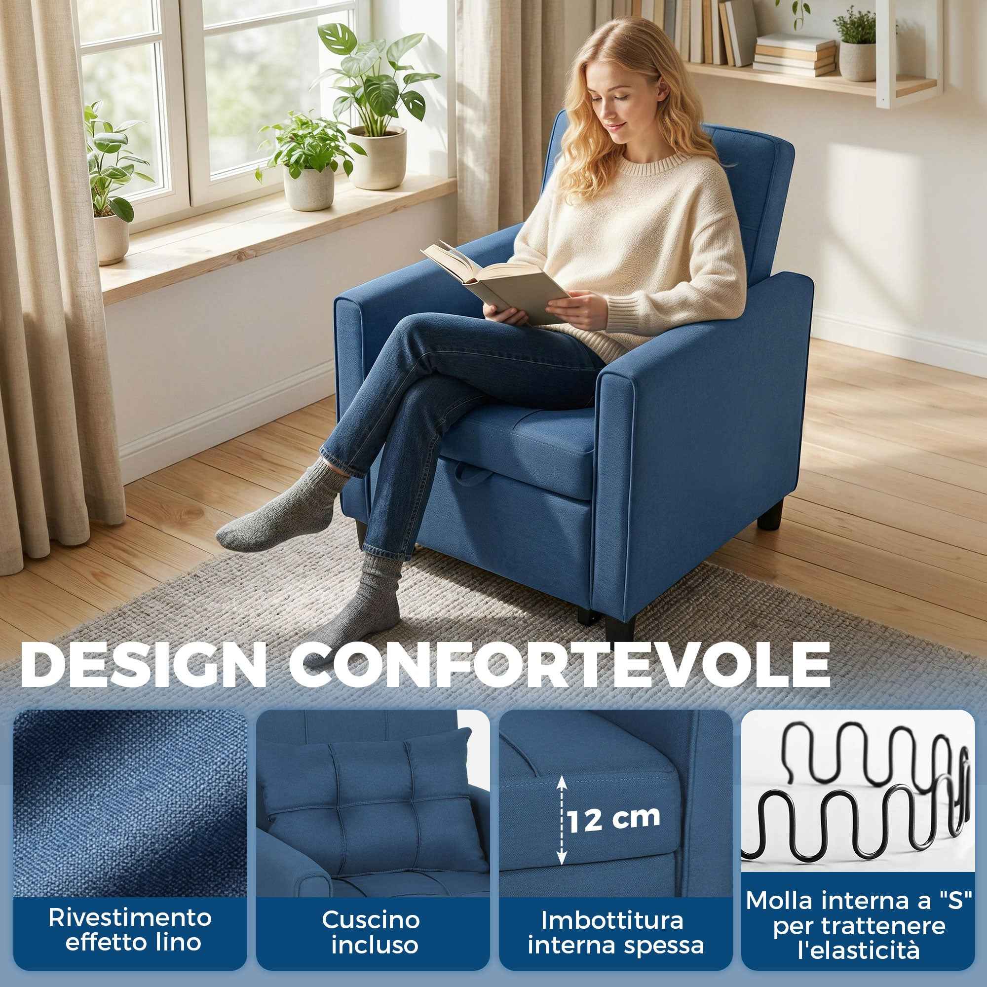 Folding Chair Bed with Adjustable Backrest and Cushion, Blue