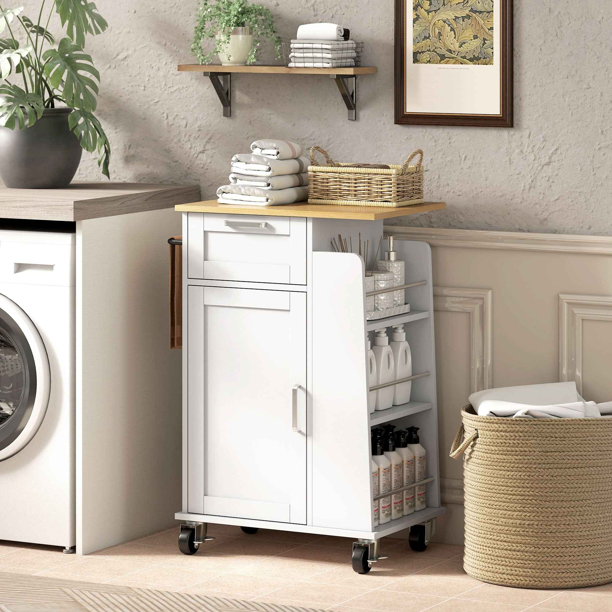 HOMCOM Kitchen Cart with Drawer, Cabinet, Towel Rack and 3 Spice Racks, Wooden, 62x40x87 cm, White