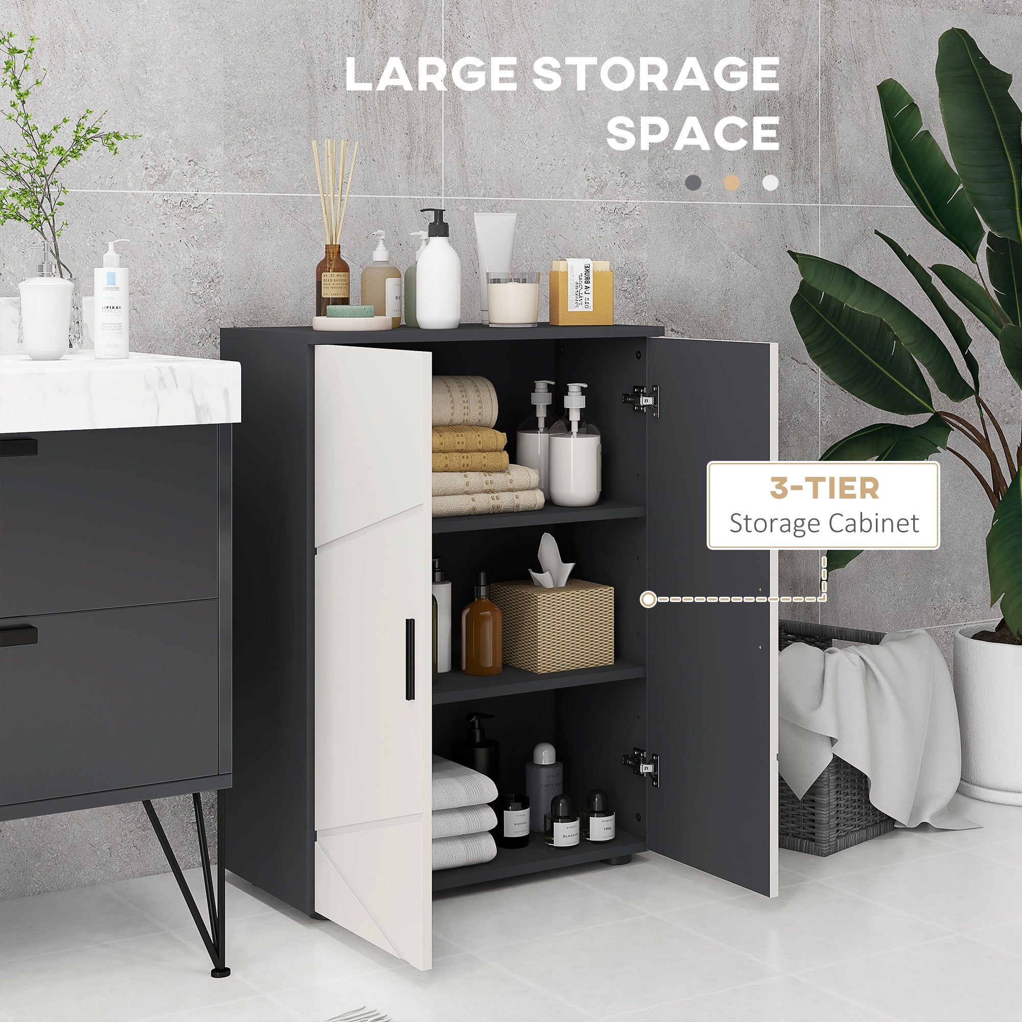 Kleankin Bathroom Cabinet 2 Wooden doors with 3 shelves and cushioned closure, 60x30x82cm, gray - Borgè