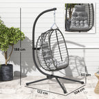 Rattan Hanging Egg Chair with Cushion and Headrest, Adjustable Height and Foldable Seat, Grey