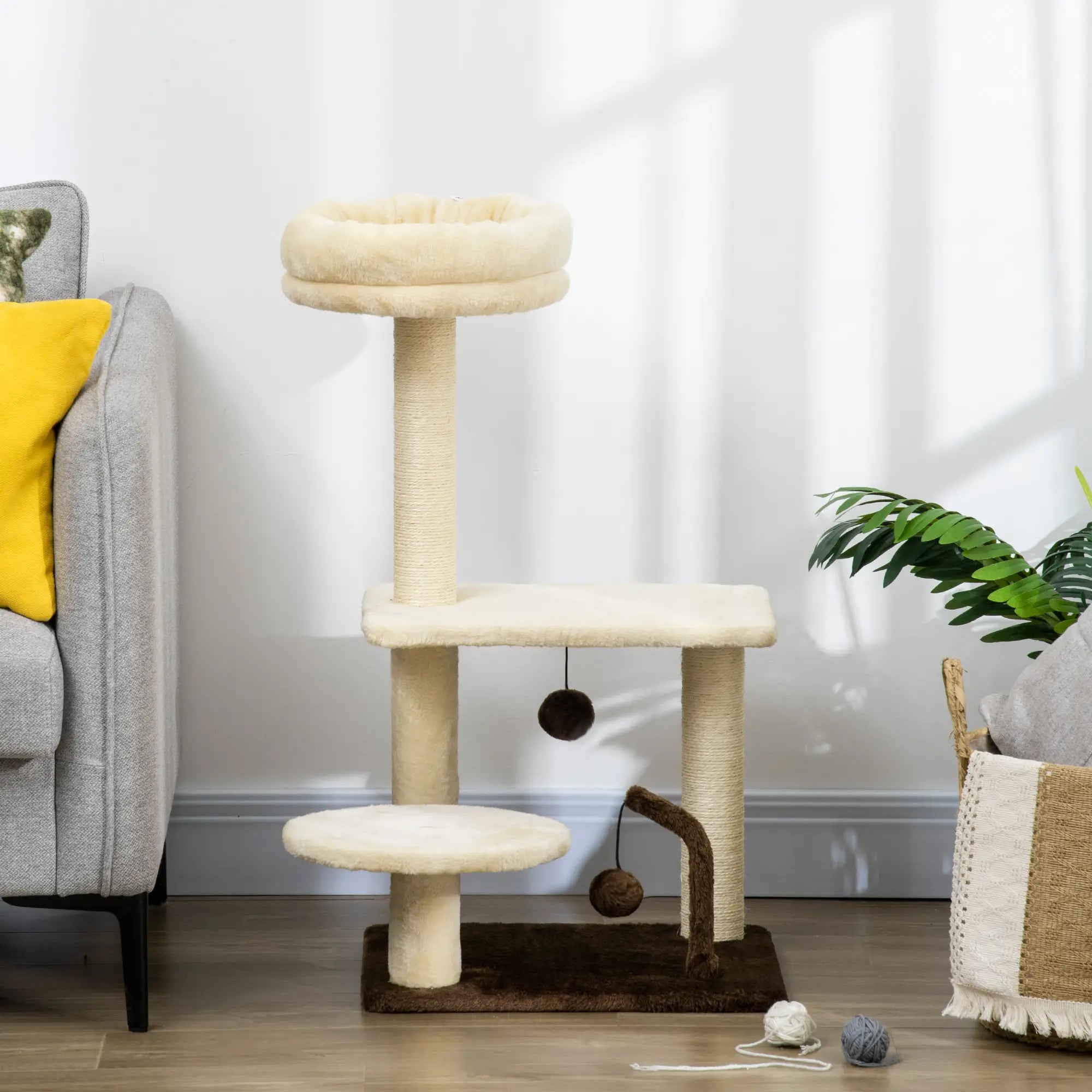 Scratching Tree with Sisal Pole, Perch and Play Balls, Chipboard and Plush, 44x38x74 cm - Borge' Group Limited