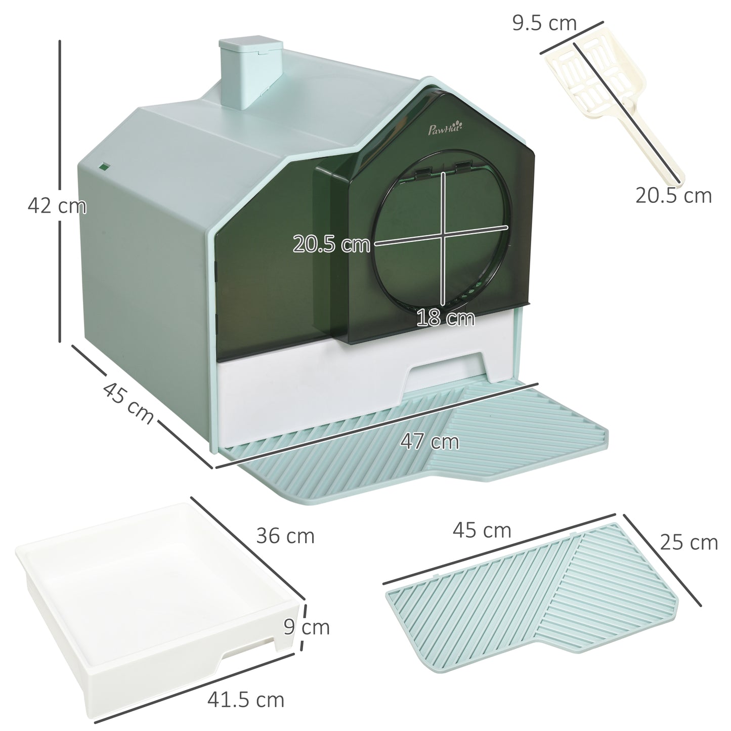 Closed Cat Litter Box with Removable Tray, Mat and Scoop, 47x45x42cm, Light Blue - Borgè