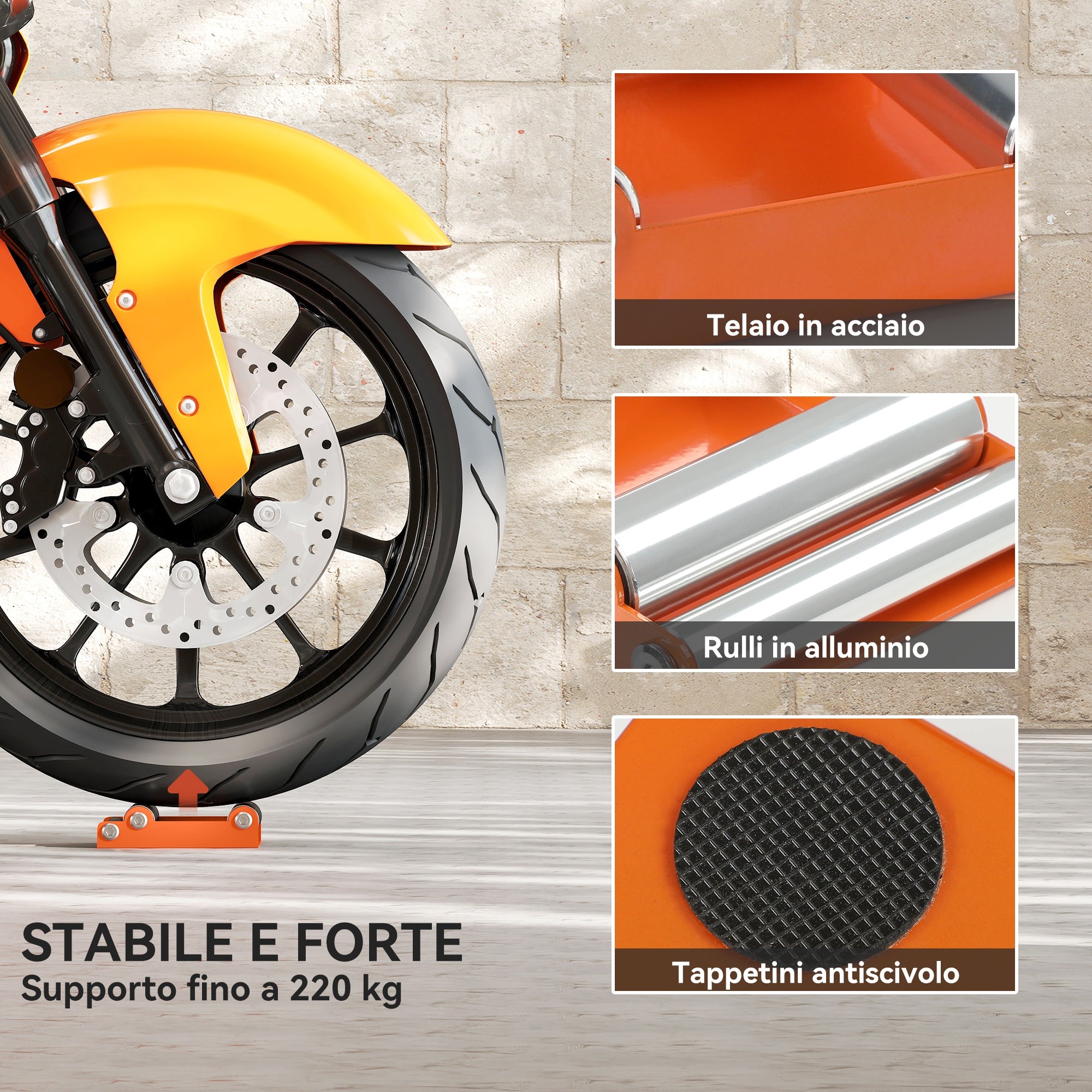 Motorcycle Stand with Non-Slip Support and 3 Rollers, Steel and Aluminum, 15x11.5x4 cm, Orange