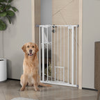 Tall Adjustable Dog Gate with Small Door and Automatic Closing, 74-80x104cm, White