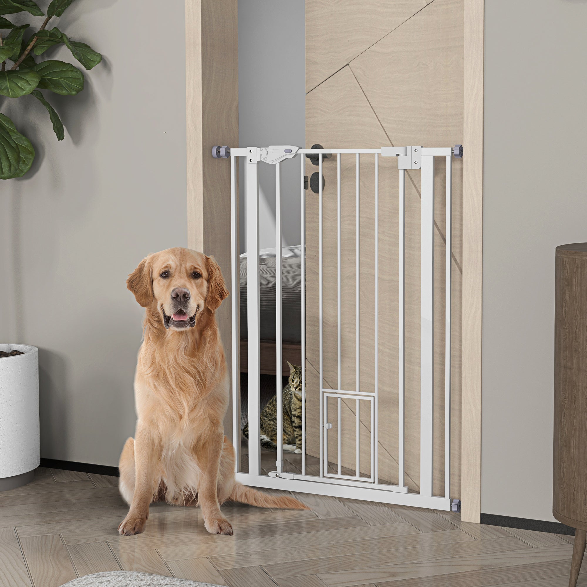 Tall Adjustable Dog Gate with Small Door and Automatic Closing, 74-80x104cm, White