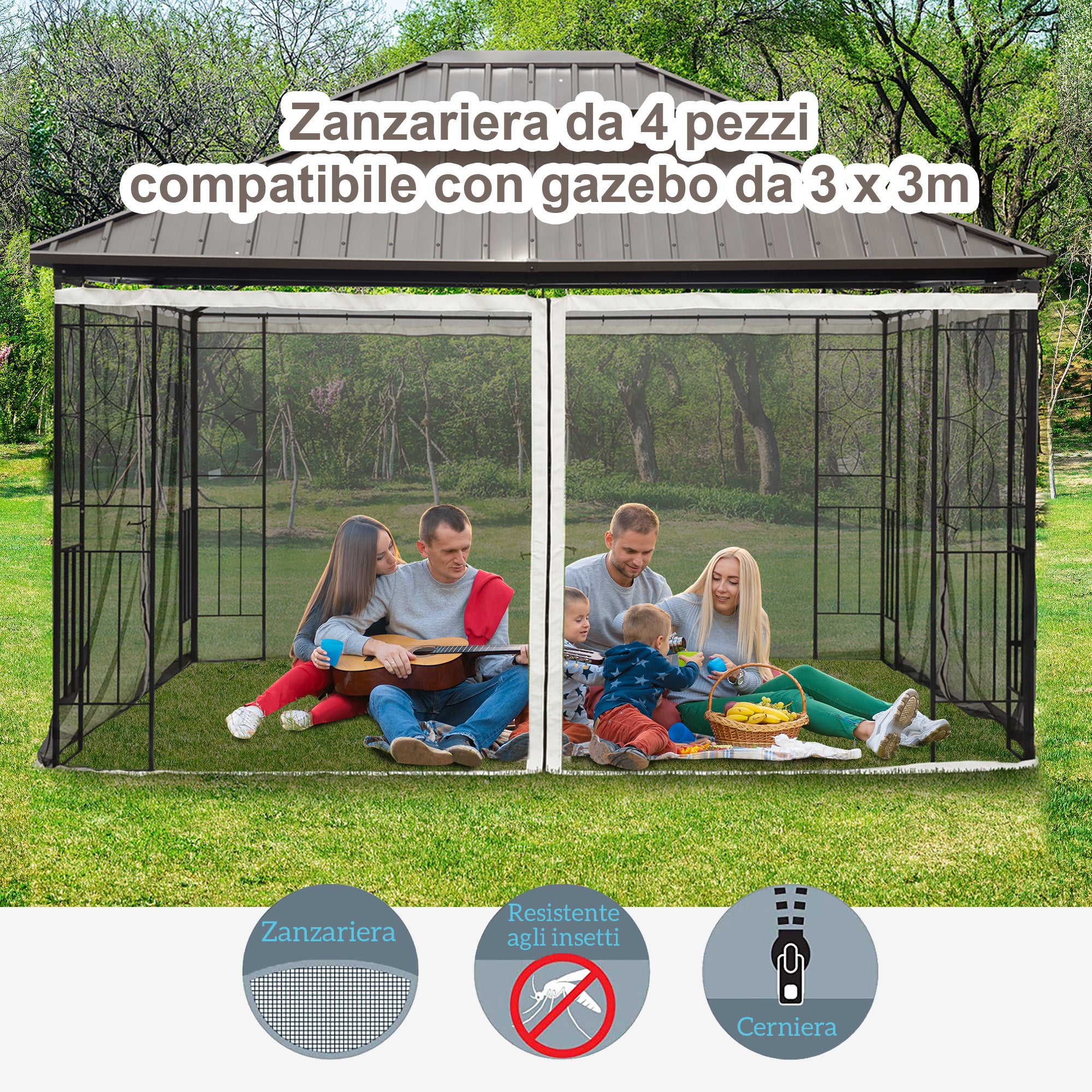 Outsunny Universal Replacement Gazebo Mosquito Net with Zippers, 335x207cm - Black and Beige