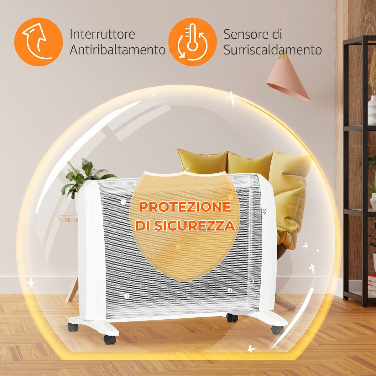 HOMCOM 1000W/2000W Electric Mica Heater with Adjustable Thermostat, 4 Wheels, 15-20 m², White