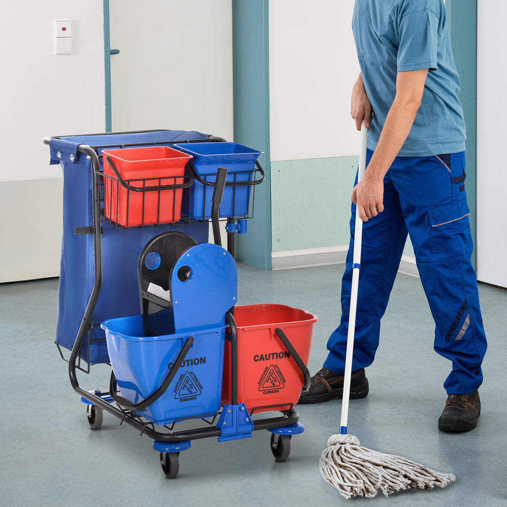 Cleaning Trolley with Garbage Bag, 4 Buckets and Mop Wringer, 93x80x97 cm, Red Blue and Black
