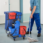 Cleaning Trolley with Garbage Bag, 4 Buckets and Mop Wringer, 93x80x97 cm, Red Blue and Black