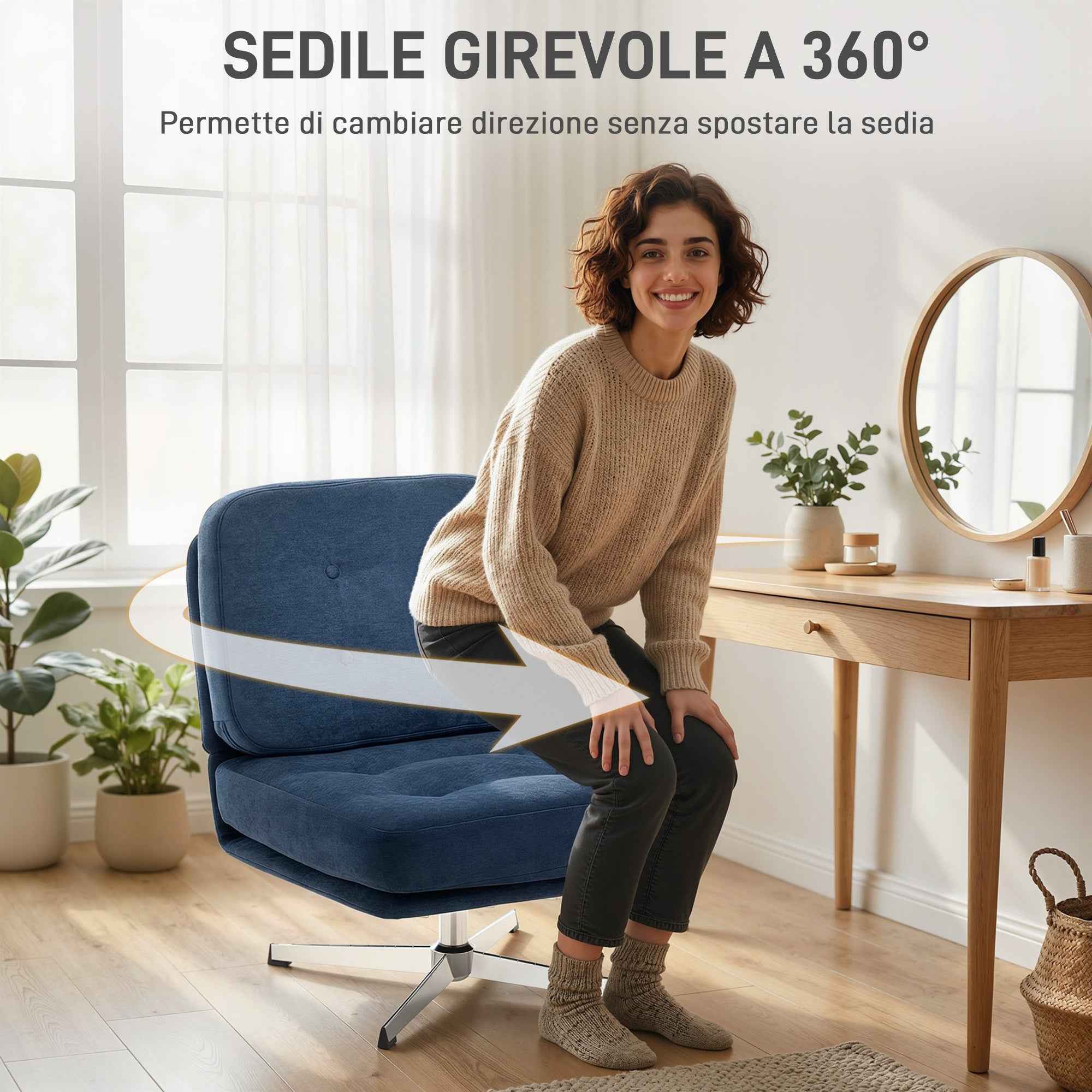 Swivel Living Room Chair in Chenille Effect Fabric and Metal, 70x87x84 cm, Dark Blue