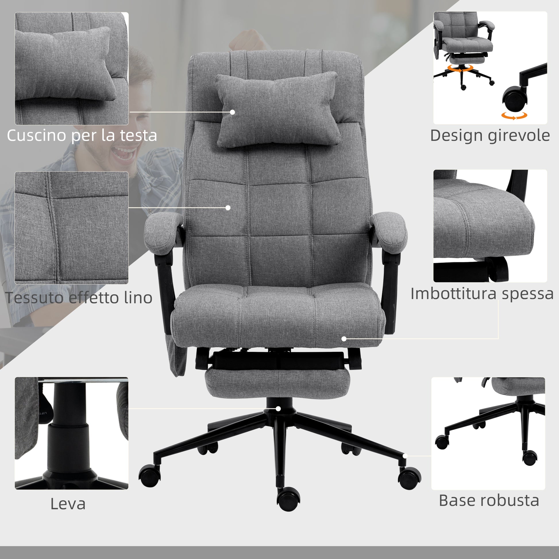 Reclining and Heating Office Chair with 6 Massage Points and 5 Modes, Gray - Borgè