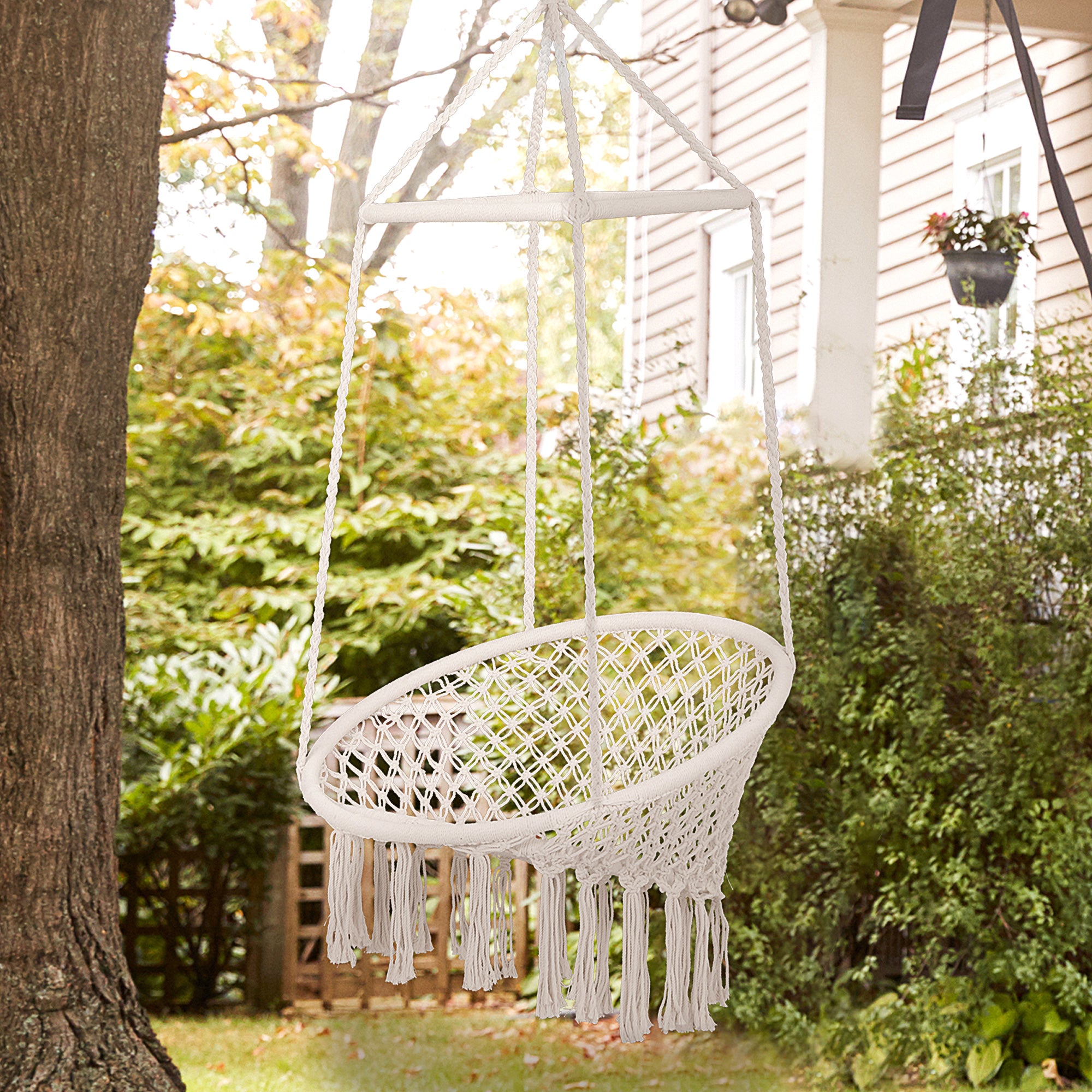 Hammock Swing Chair in Wood and Cotton Rope, Beige, 80x140 cm