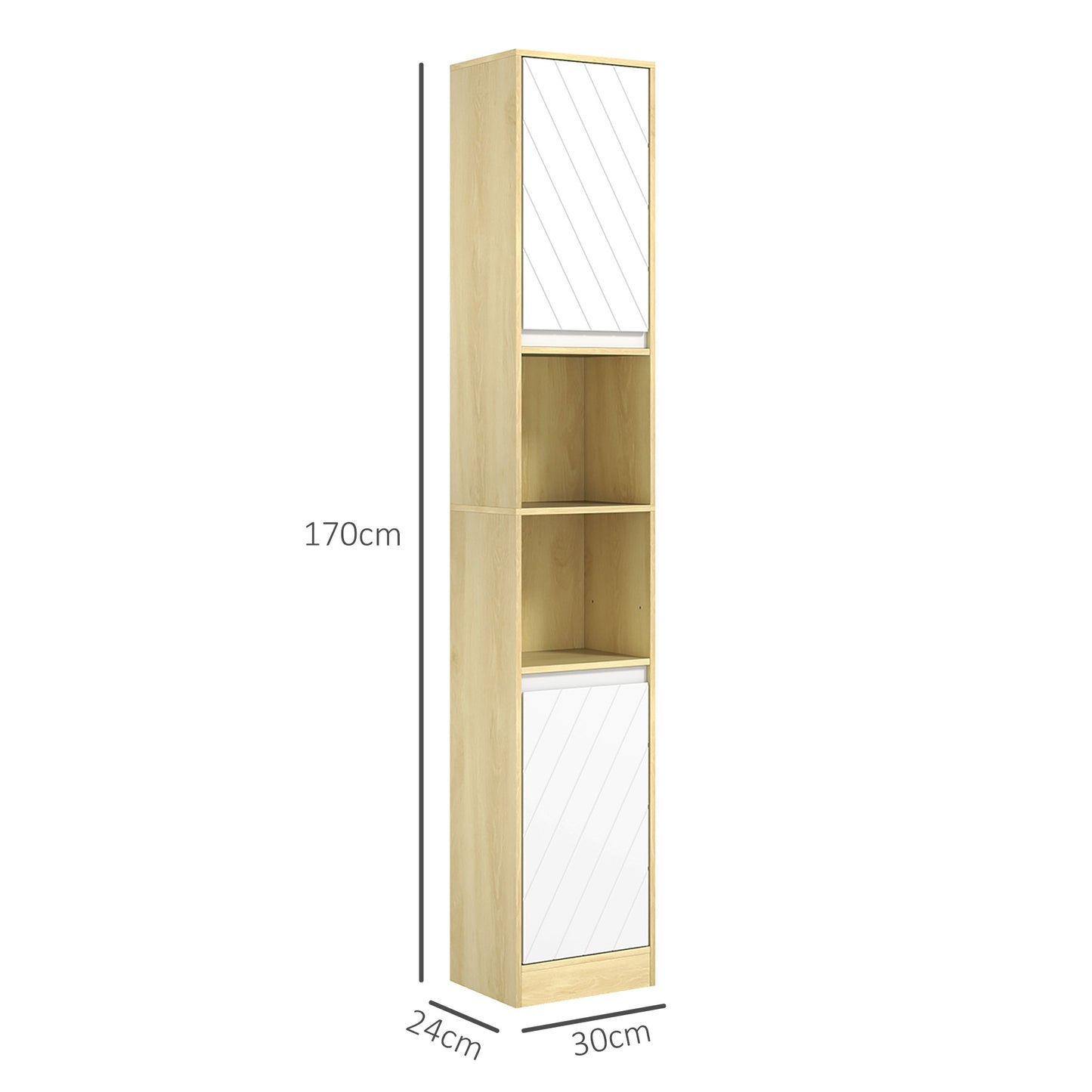 Space-Saving Bathroom Column Cabinet in Wood with 2 Cabinets and Shelves, 30x24x170 cm, Oak and White