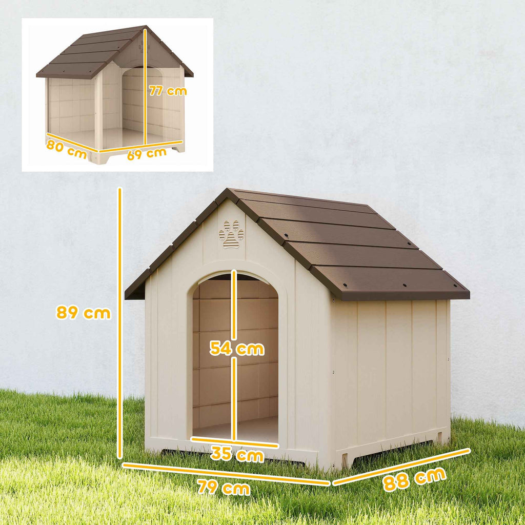 PawHut Raised Dog Kennel with Sloped Roof and Air Vents, PP, 88x78x89 cm, Beige and Dark Brown