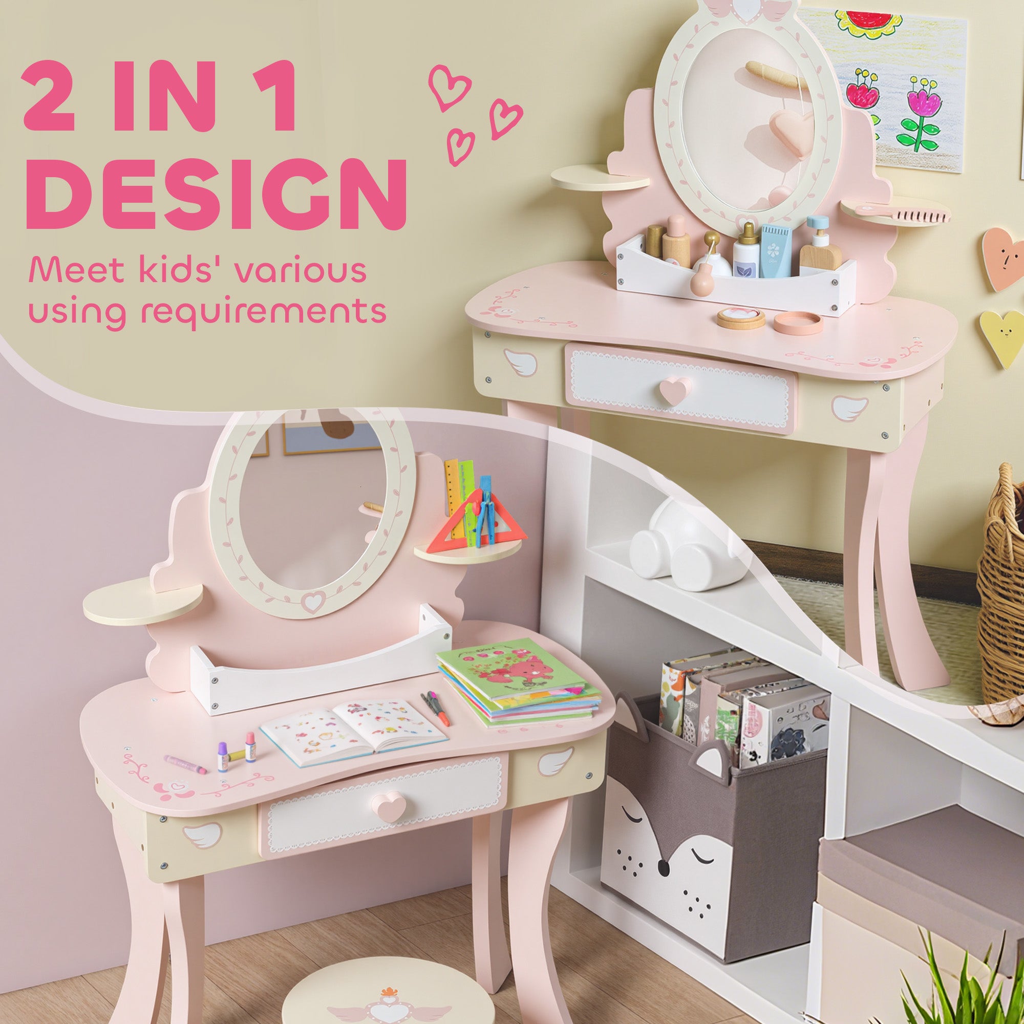 2-in-1 Wooden Dressing Table and Stool Set for Kids with 7 Accessories Included, Pink
