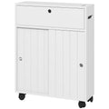 kleankin Narrow Bathroom Cabinet with Wheels, Sliding Doors, Adjustable Shelves and 2 Toilet Paper Holders, White