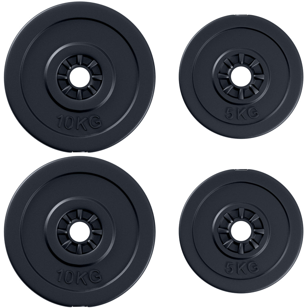 Set of 4 Weight Plates for Barbell and Dumbbells Total Weight 30kg, 2x5kg and 2x10kg, Black