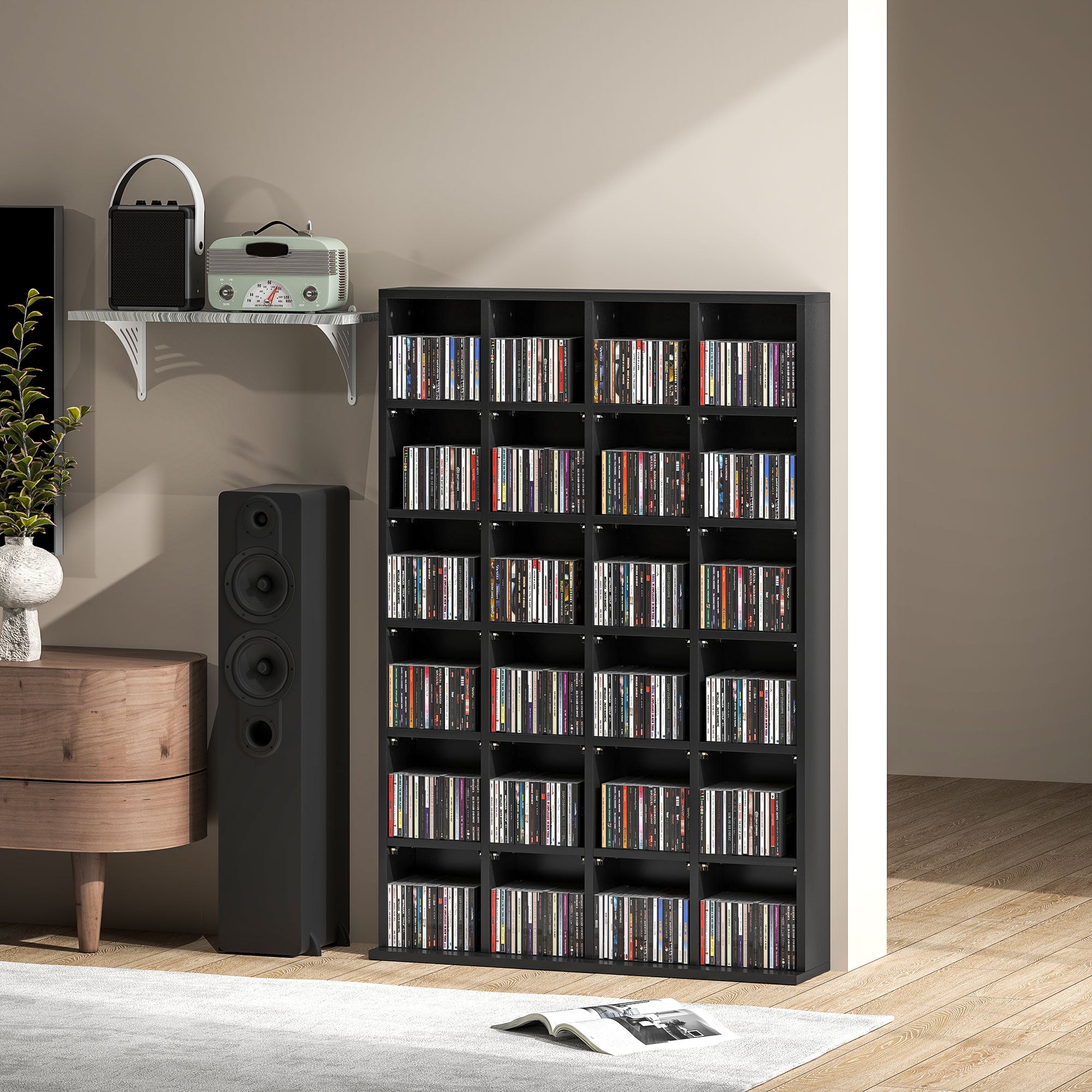 CD Cabinet with Adjustable Shelves for 456 CDs or 336 DVDs, 24 Compartments, 89x20x130.5 cm, Black