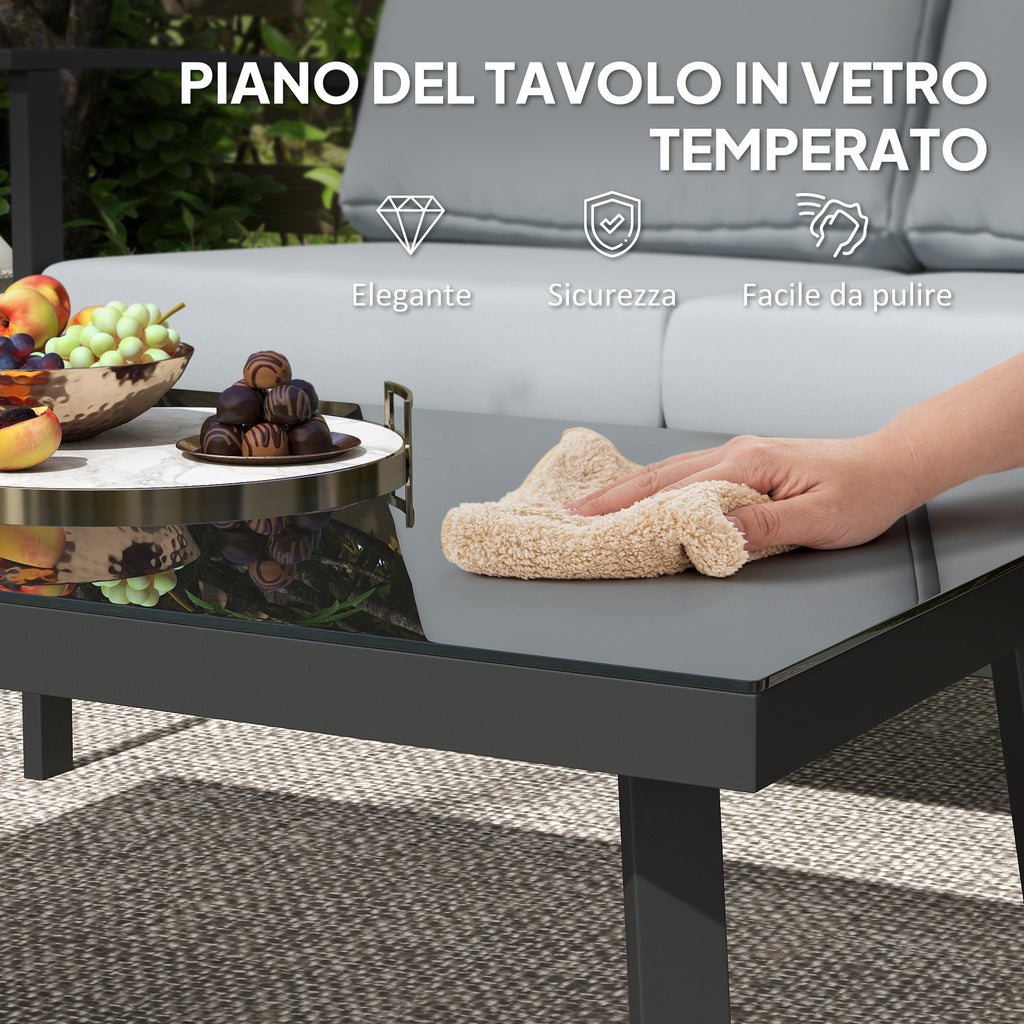 DULA | 4 Piece Garden Set with 2 Armchairs, 2 Seater Sofa and Coffee Table, in Aluminum and Fiber, Charcoal Gray