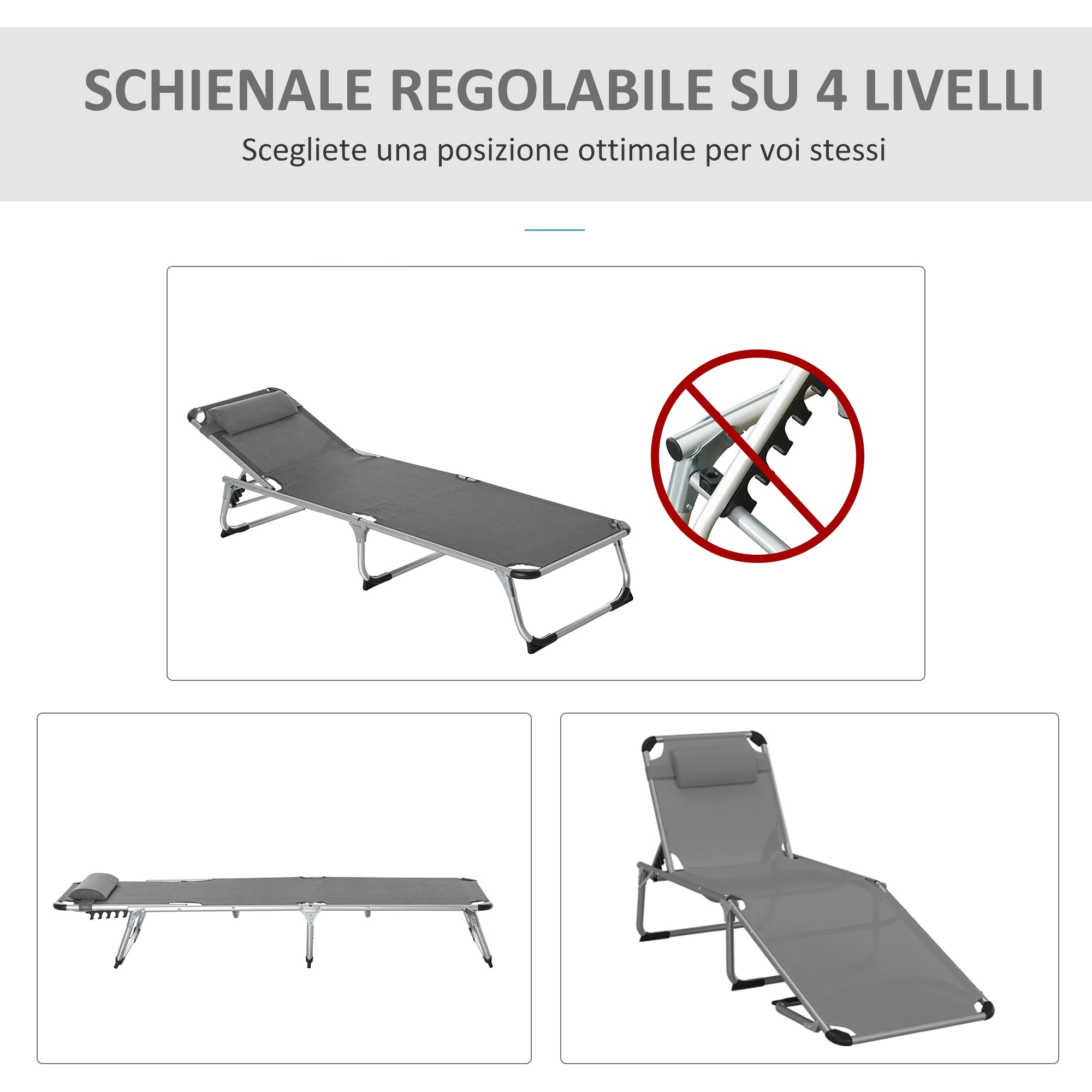 Outsunny Folding Deck Chair with Adjustable Headrest and Backrest in Aluminum 60x165x76cm Gray