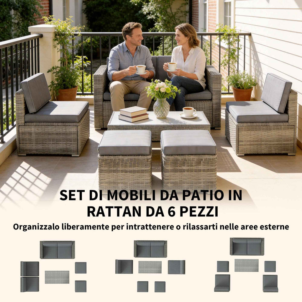 Outsunny 6-Piece Outdoor Set with Sofa, 2 Chairs, Glass-Top Coffee Table, and 2 Ottomans, Dark Grey