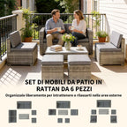 Outsunny 6-Piece Outdoor Set with Sofa, 2 Chairs, Glass-Top Coffee Table, and 2 Ottomans, Dark Grey